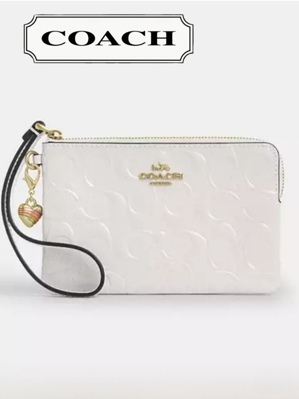 🔥COACH Signature Patent Leather Wristlet, Chalk/Gold, Heart Charm Included!